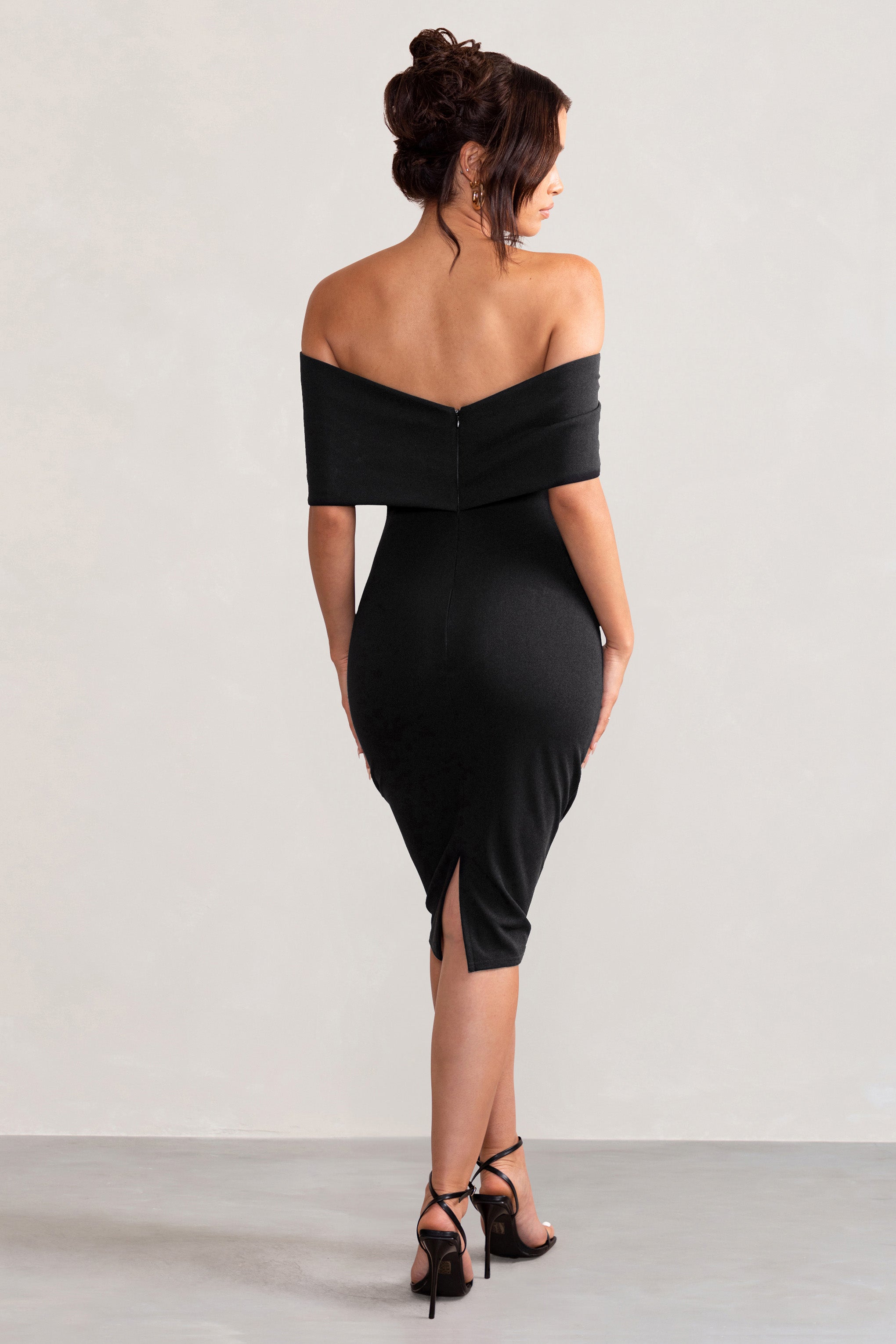 Alyssa | Black Bardot Bow Detail Midi Dress
