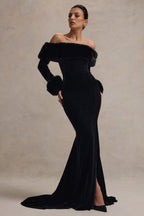 Mystique | Black Bardot Split Maxi Dress With Fur Trims