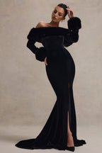 Mystique | Black Bardot Split Maxi Dress With Fur Trims