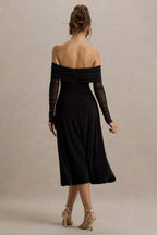Flatter Me | Black Bardot Midi Dress With Mesh Sleeves