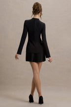 Athena | Black Long-Sleeve Mini Dress With Pleated Hem