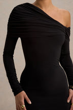 Cleo | Black Bodycon Midi Dress With Mesh Sleeves