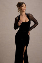 Apres | Black Velvet Bodycon Split Maxi Dress With Sheer Sleeves
