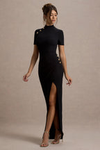 Claudetta | Black High-Neck Short-Sleeve Split Maxi Dress
