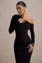 Cleo | Black Bodycon Midi Dress With Mesh Sleeves