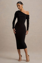 Cleo | Black Bodycon Midi Dress With Mesh Sleeves