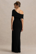 Dynasty | Black Asymmetric-Neck Maxi Dress With Ruched Detailing And Front High-Split
