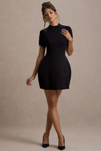 Carabella | Black High-Neck Short-Sleeve Mini Dress