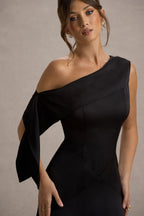 Nicola | Black Satin Asymmetric Bardot Draped Maxi Dress