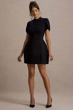 Carabella | Black High-Neck Short-Sleeve Mini Dress