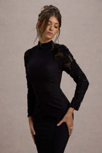 Chandra | Black Mesh Long-Sleeve Midi Dress With Ruffle Hem