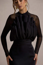Alder | Black Mesh Long-Sleeve Ruffled Split Maxi Dress