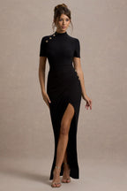 Claudetta | Black High-Neck Short-Sleeve Split Maxi Dress