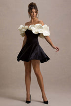 Brynne | Black & Cream Velvet Mini Dress With Satin Puff Sleeves