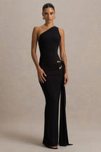 Bonnie | Black Asymmetric-Neck Maxi Dress With Ruched-Detailing