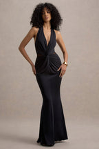 Amazonie | Black Plunge-Neck Twisted Maxi Dress With Mesh Panels