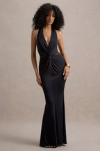 Amazonie | Black Plunge-Neck Twisted Maxi Dress With Mesh Panels