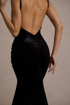 Adele | Black Velvet Ruched Strappy Fishtail Maxi Dress