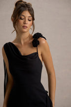 Angeline | Black Chiffon Draped Split Maxi Dress With Corsages